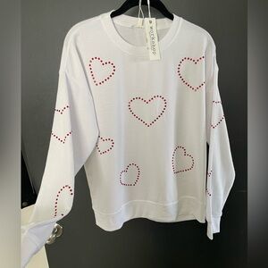 NWT Workshop Republic White hoodie with Red sequin Heart Accents Small Valentine